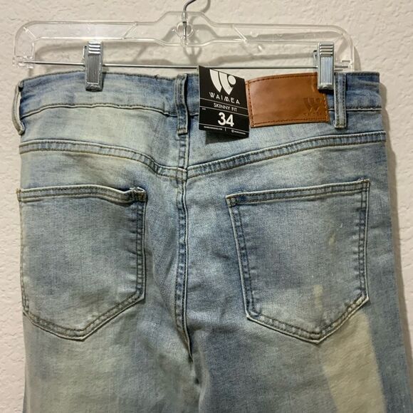 Men's 34x32 Waimea Blue Distressed Ripped rhinestone Skinny Fit Jeans - Picture 4 of 11